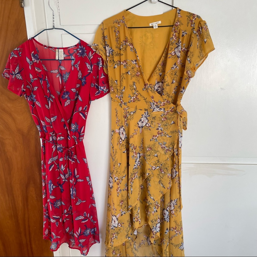 Wrap Dresses Set 2 Medium yellow red blue floral short midi ruffles